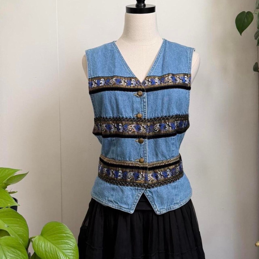 Vintage Liz Wear 90s Denim Vest Blue Gold Black Striped Lined Women Medium